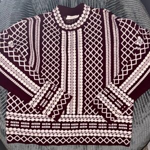 Tory Burch Ramona Merino Wool Plum and White Jacquard Patterned Sweater (Medium)